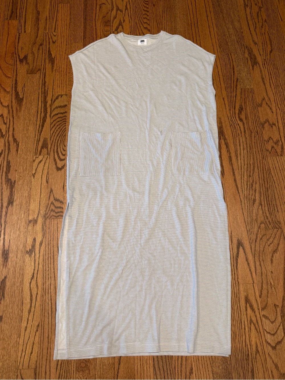 Lunya cool paneled sleeveless Midi Dress with stripes and Pockets